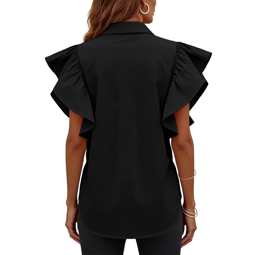 Women's Pleated Button-down Shirt, Cute Summer Short-sleeved Top