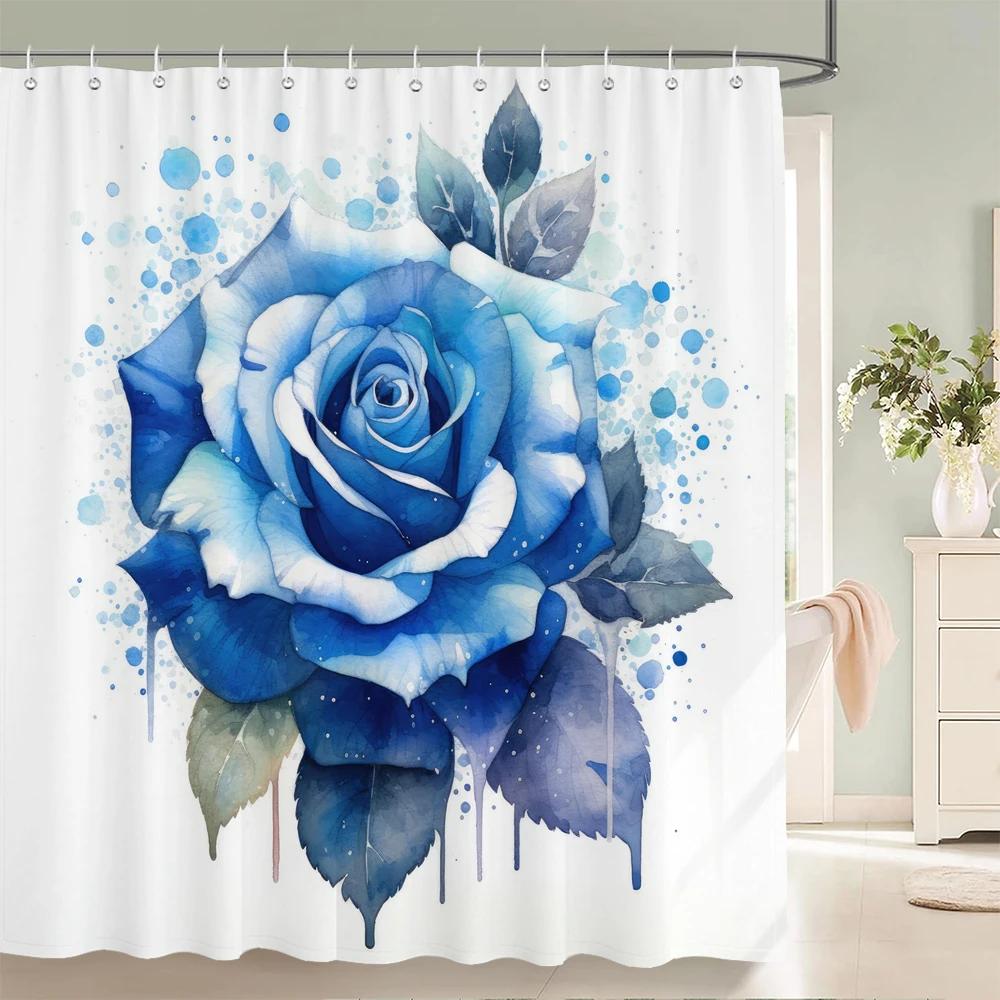 Waterproof Polyester Fabric Red Rose Shower Curtains Blue Rose Flowers Printing Bathroom Curtains for Home Decoration Curtain