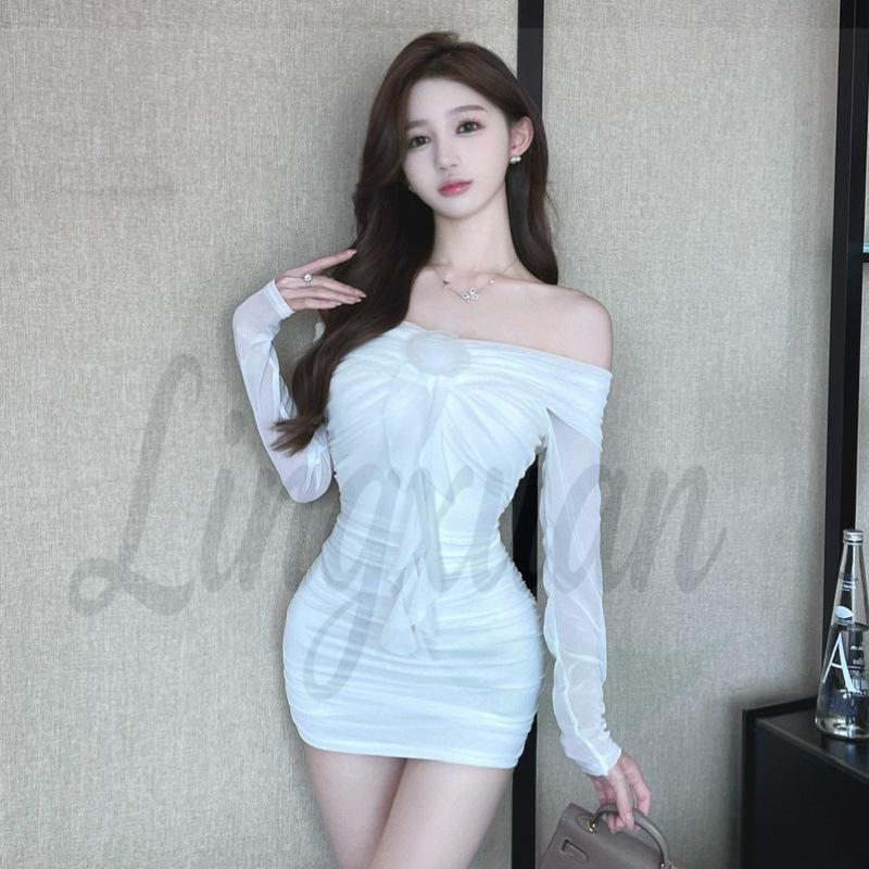 Spicy Girl One-Shoulder Sexy Mesh Long-Sleeve Mini Dress for Young Women Extra Large белый