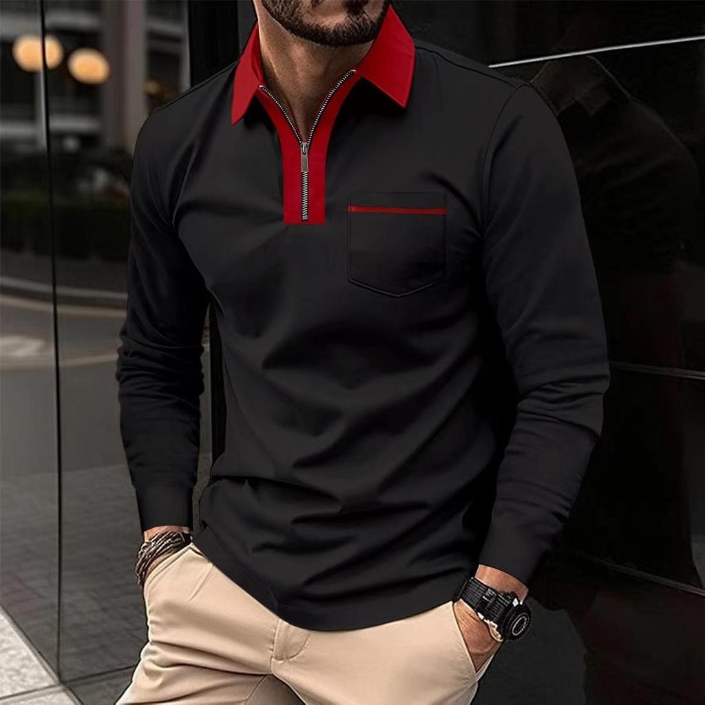 Neues Herren Herbst Langarm Revers Mode Schlank Tasche Herren Spleiß T-Shirt Polo Oberteile