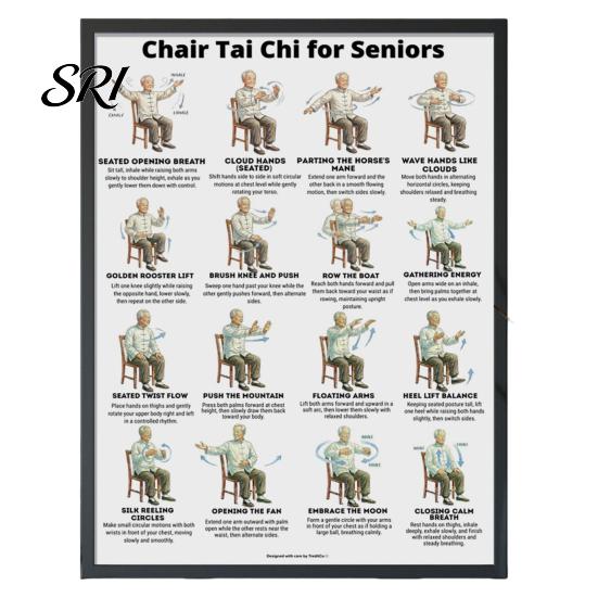 Tai Chi Chair Exercise Poster Workout Unframed Routine Clear Visual Instructions Low Impact Guide Seated Chart for Seniors Beginners Gentle