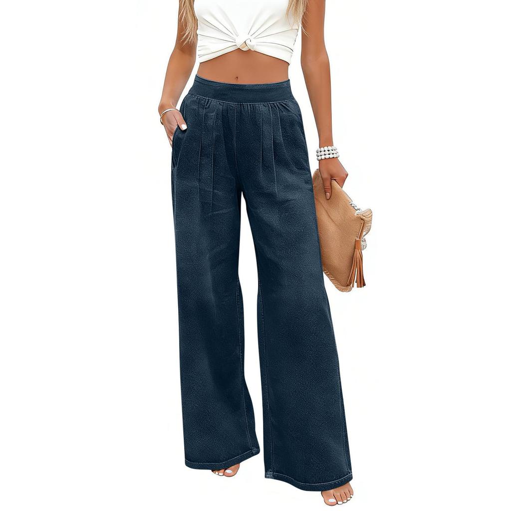 Women's Fashionable Color Elastic Waist Pocket Loose Wide Leg Imitation Denim Casual Pants