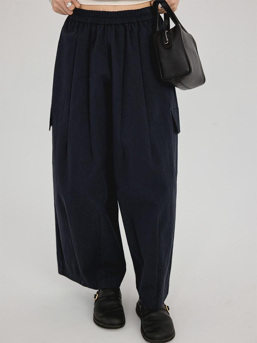 Shi Jian Korean Style Elastic Waist Workwear Pants with Pockets - Spring 2026 Collection One Size темно-синий