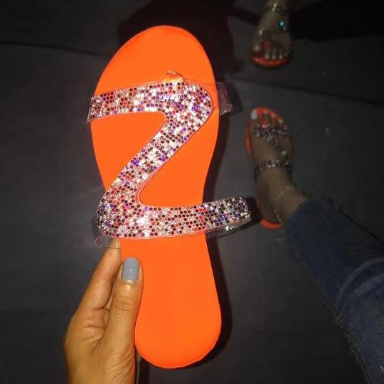Oversized Flat Bottom Slippers Summer New Open Toe Rhinestone Beach Sandal Slippers for Womens