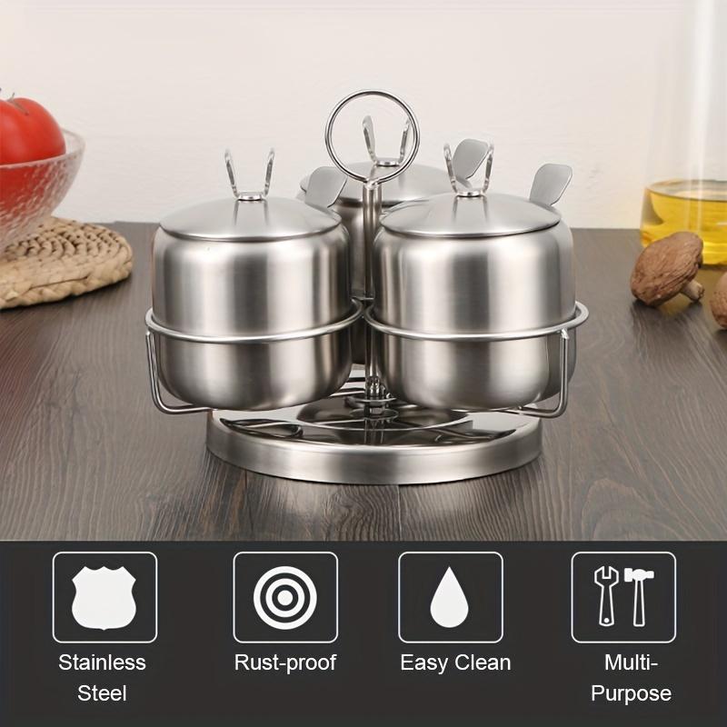 Stainless Steel Seasoning Jar Set with Spoon Spice Container with Swivel Base Salt Sugar Condiment Pot Kitchen Accessories.