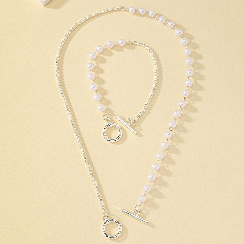 2pcs Elegant Imitation Pearl Beaded Choker Necklaces Bracelet Set for Women  OT Buckle Wedding Party Jewelry Set Gift