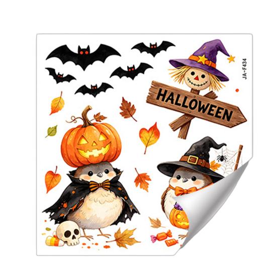 Removable Holiday Wall Art Cartoon Halloween Sticker, Self Adhesive PVC Decal, Wizard Pumpkin Bat Decals Birds Scarecrows Jack-o-lanterns Pattern