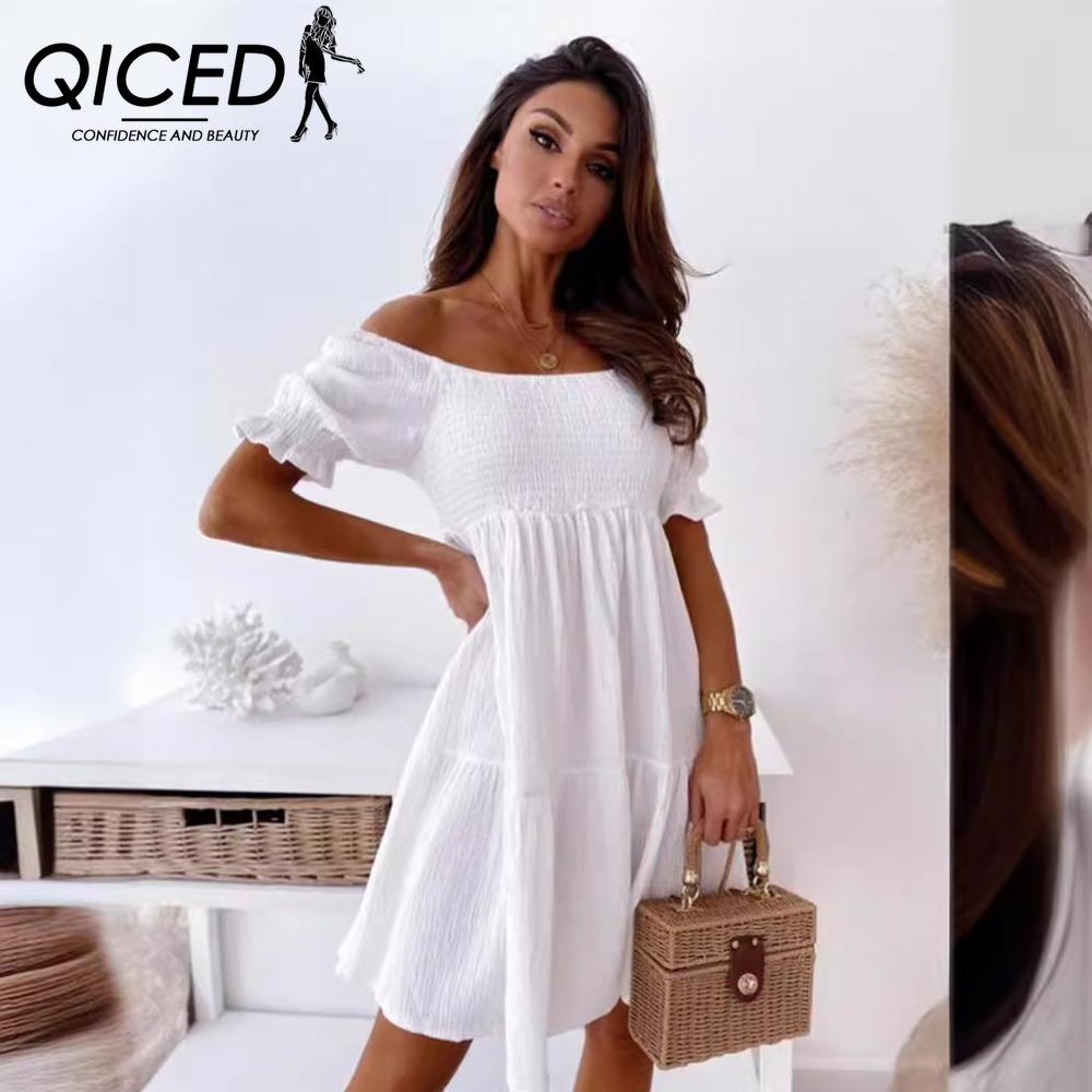 

QICED Сексуальное платье с разрезом на шее Женское Летнее Плиссированное с пышными рукавами Открытая спина Вечерние Пляжные платья Женское Элегантное Однотонное Платье до колена L белый