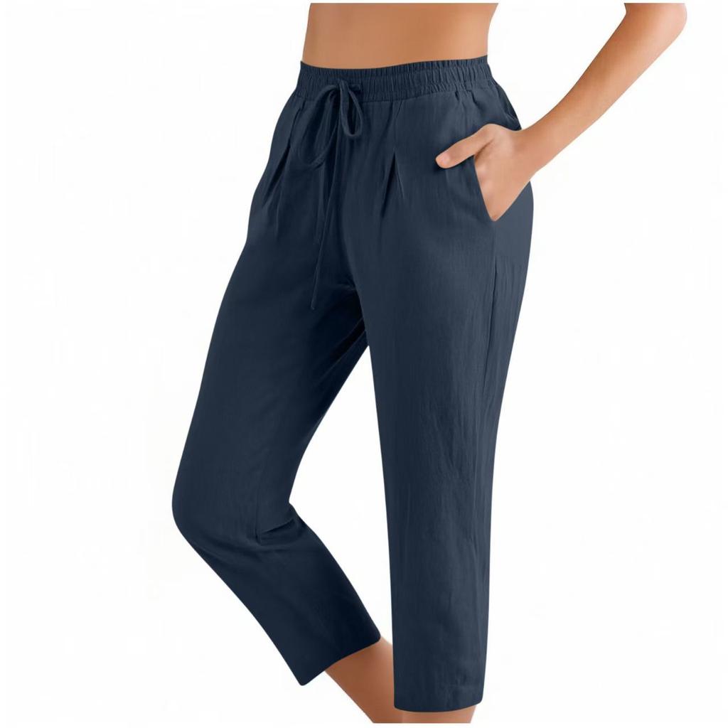 Pantaloni Capri da Donna in Misto Lino con Coulisse Vita Elastica Pantaloni Corti Casual con Tasche