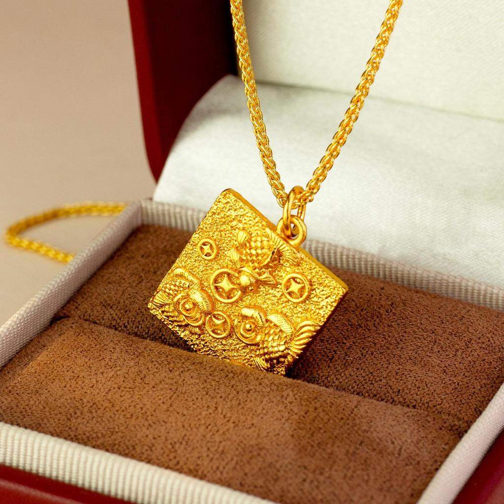 Vintage Gold Koi & Coins Square Pendant Necklace for Women - Elegant Clavicle Chain Jewelry
