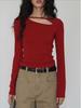 Red Spicy Girl Hollow Long Sleeve T-Shirt Women's Petite Stylish Base Layer for Spring and Autumn