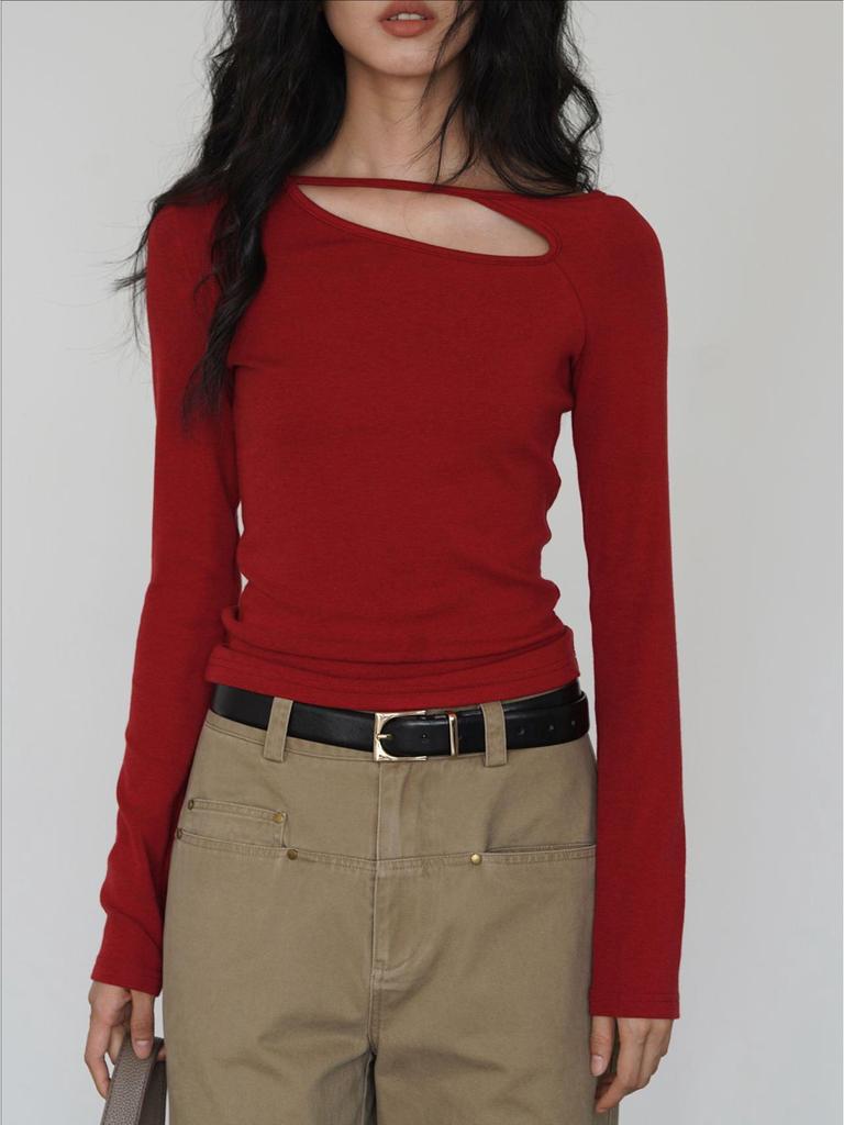 Red Spicy Girl Hollow Long Sleeve T-Shirt Women's Petite Stylish Base Layer for Spring and Autumn
