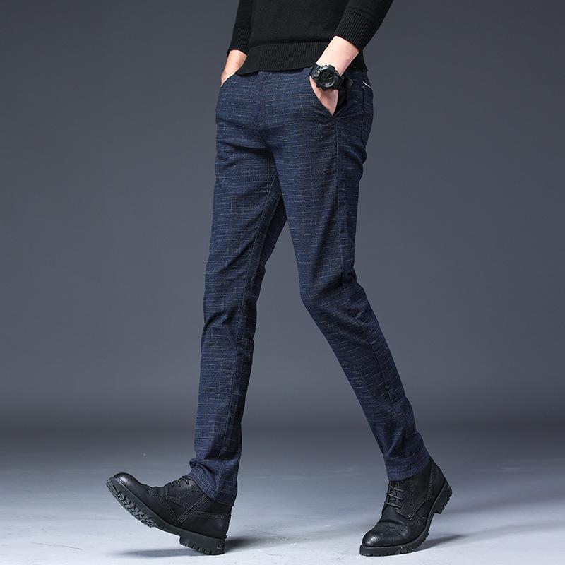 Men's Slim-Fit Black Plaid Cotton-Linen Autumn Casual Waffle Trousers