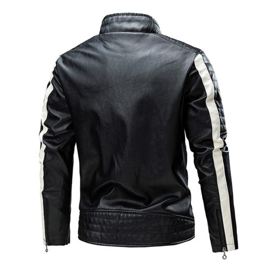 Men Jacket Color Block Slim Windproof Faux Leather Stand Collar Outerwear for Working