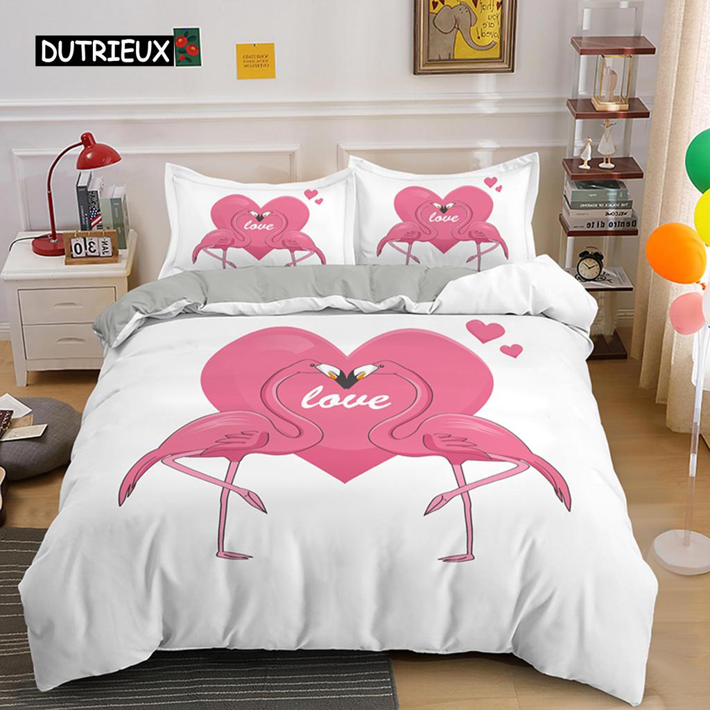 Cartoon Pink Flamingo Bedding Set Girls Kids Teens Cute Duvet Cover Set Single Twin Queen King Size 2/3pcs Polyester Quilt Cover