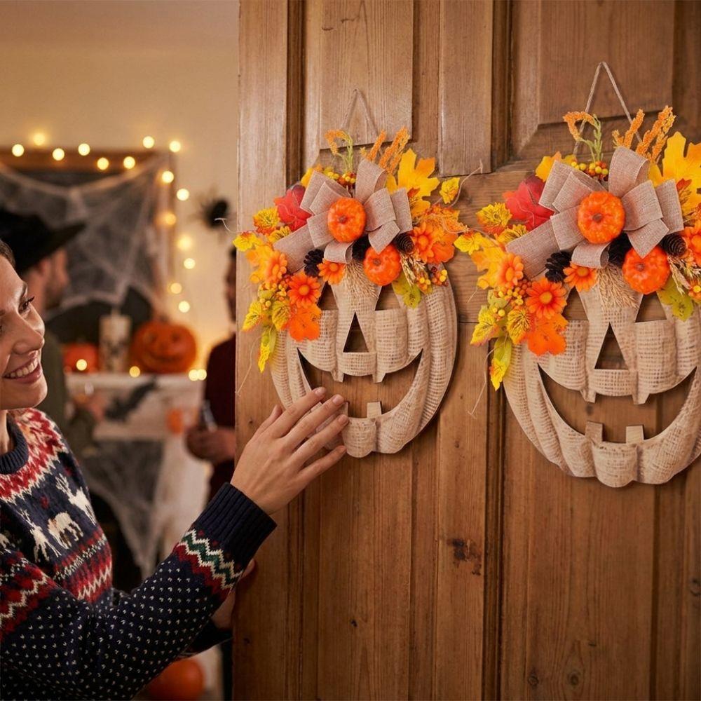 With Bow Halloween Wooden Pumpkin Door Hanger Harvest Maple Leaf Hanging Plaque Autumn Harvest