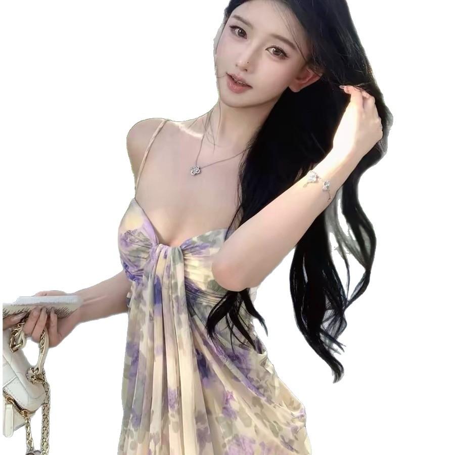 Hainan Sanya seaside vacation pure desire long dress French purple print tie-dye tube top suspender dress women mopping the floor