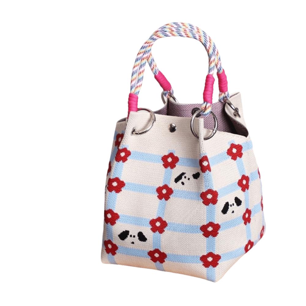 Portable Cartoon Knitted Bucket Bag Handmade Large Capacity Wrist Bag Woven Ring Buckle Handbag for Women Girls