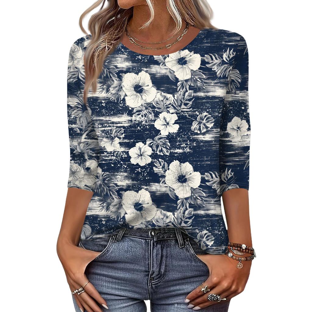 Mote Casual Rund Hals 3/4 Erme Løs Trykket T-skjorte Dame Topp