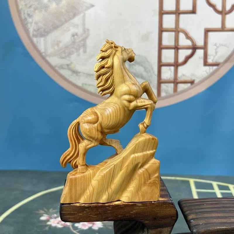 wood carving Zodiac Horse Animal figurine decoration Solid wood carving Home Living Room Office Wealth Luck Feng Shui Decor