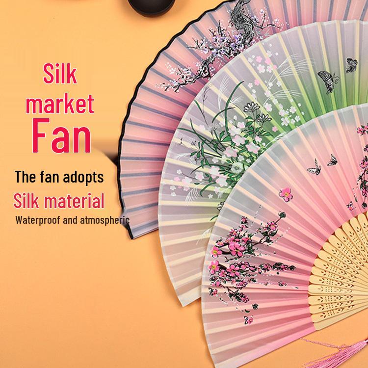Chinese Classical Handheld Folding Fan with Tassel - Bamboo Hanfu Accessory