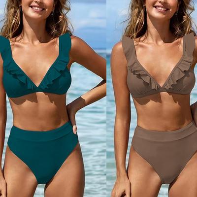 Nuovo costume da bagno bikini a tinta unita diviso per costume da bagno plissettato multicolore da donna