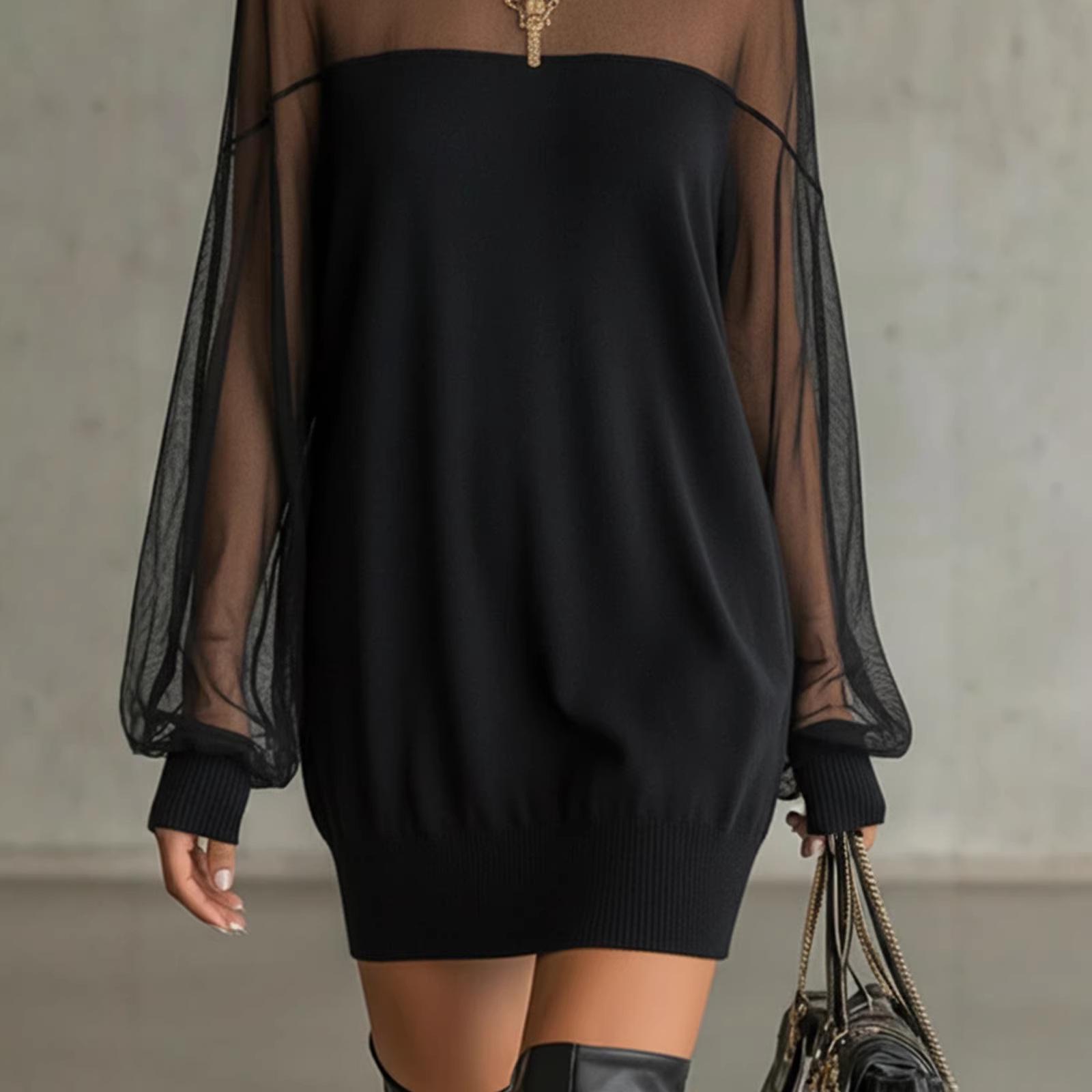 2026 Европейская и американская весенняя сетчатая мини-юбка с длинным рукавом и вставками S чёрный