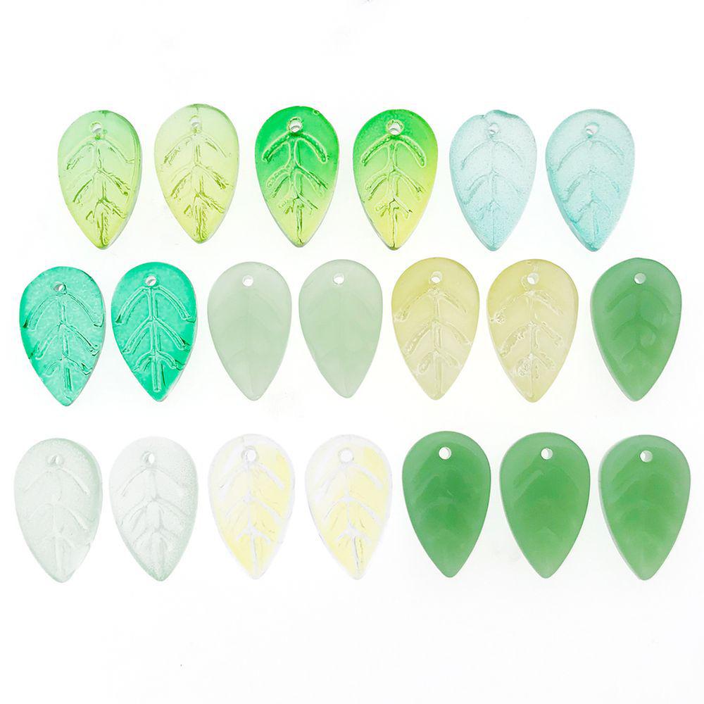 Set of 20 Mixed White, Green & Transparent Glass Leaf Charms for DIY Jewelry