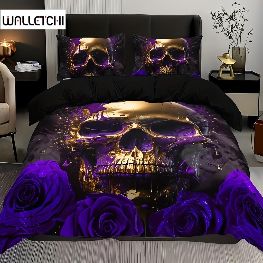 Soft and Breathable Duvet Cover Set Purple Rose Skull Pattern Bedding Set for Bedroom Guest Room and Dorm Decor