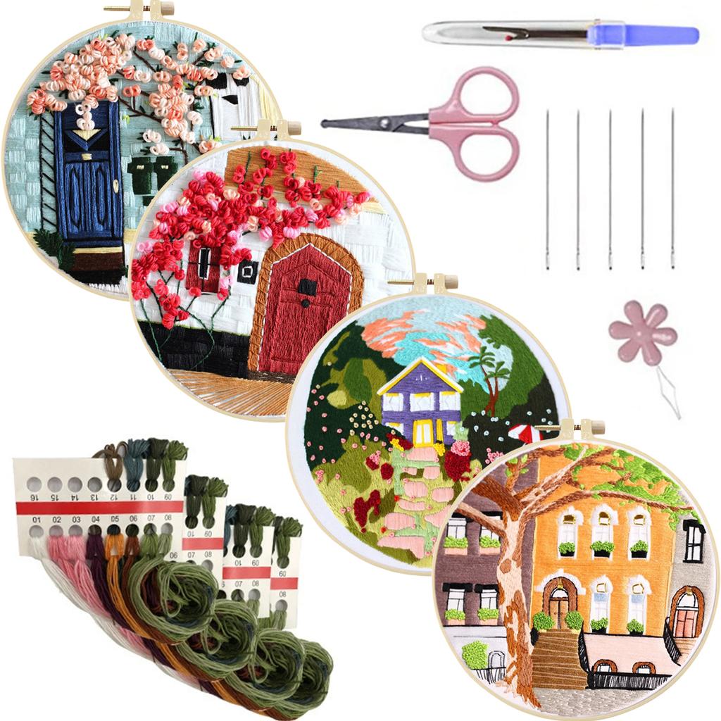 4 Pack Scenery DIY Stitches Kit with Embroidery Hoop Embroidery Stitches Practice Kit 30x30cm for Adult Beginners Gift for Women