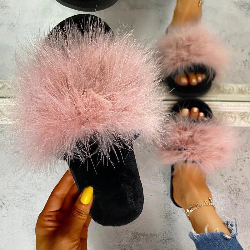 Fashion New Summer Fur Slippers Women Fashion Indoor Furry Fur Slides Women Plush Flat Shoes Casual Fluffy Slippers House Slides Women