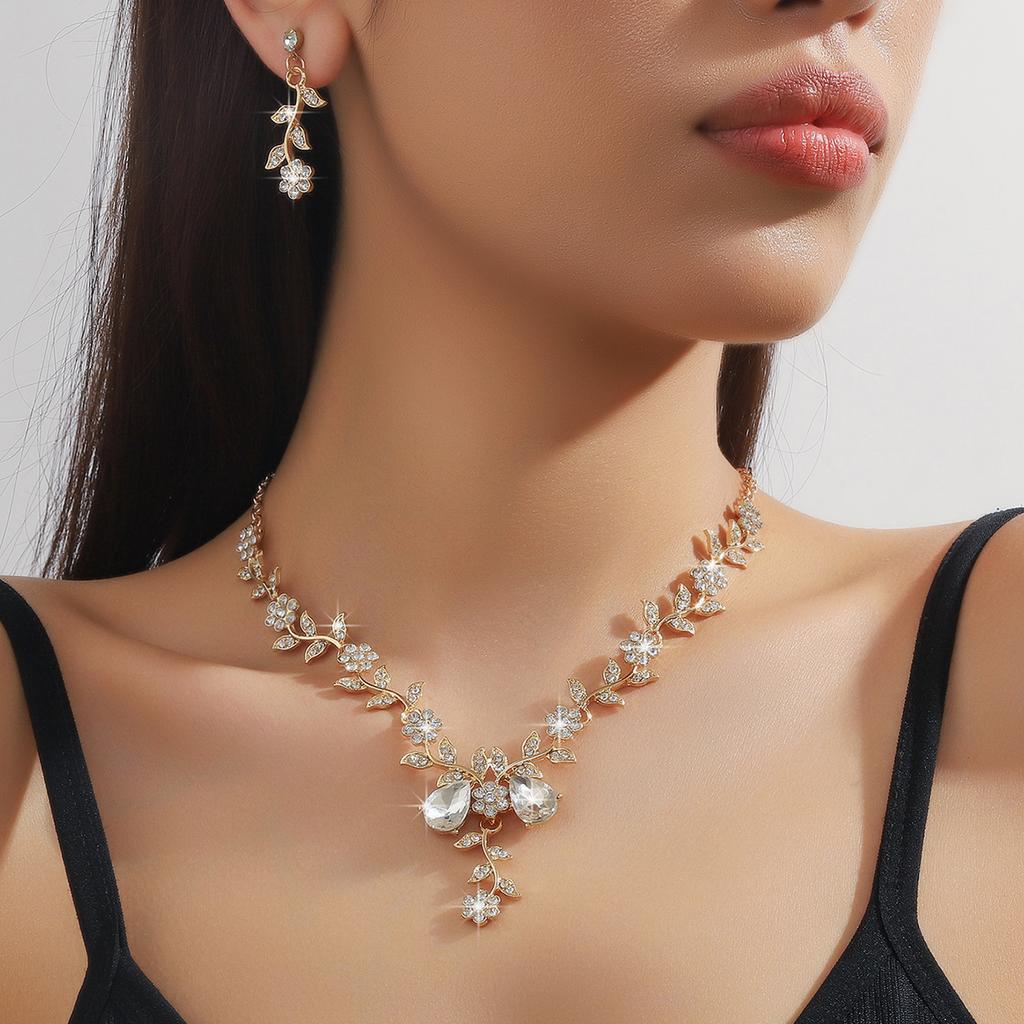 3 szt. Damski modny naszyjnik z małym kwiatkiem i kroplą wody, kolczyki, zestaw z cyrkoniami, prezent na ślub, bankiet, przyjęcie, festiwal