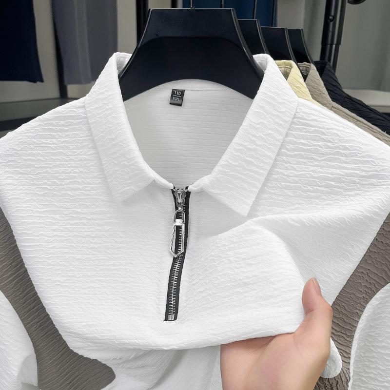 T-Shirt Men'S Lapel Short-Sleeved Polo Shirt Casual Zipper Medium And Green Loose Top