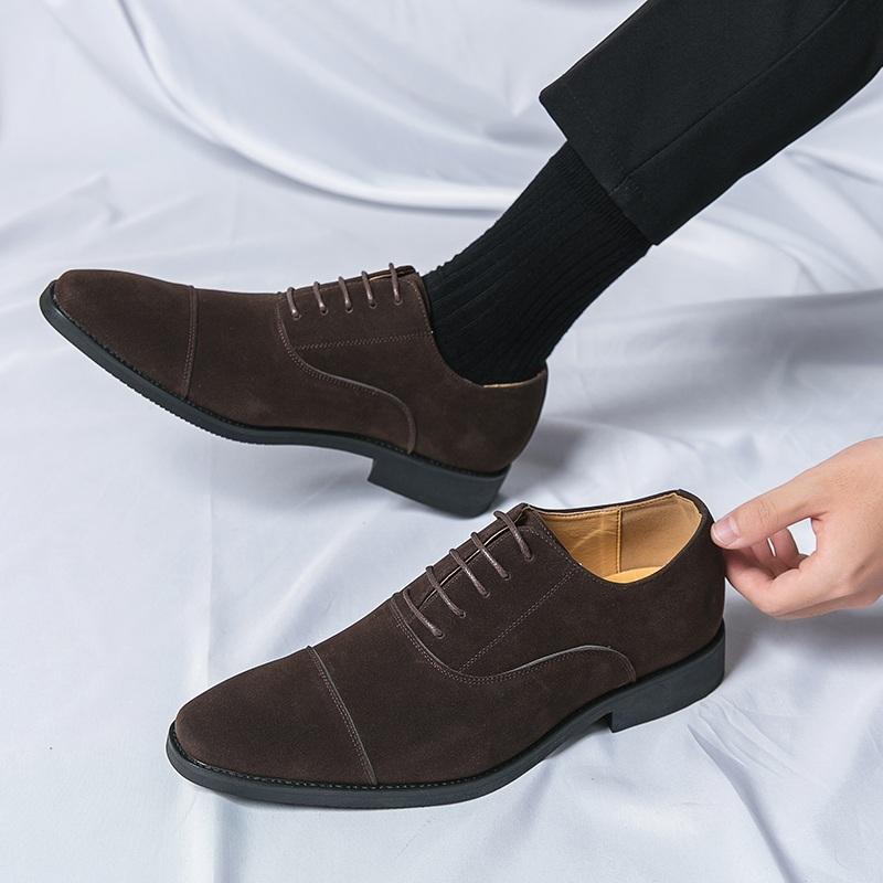 Fashion Retro Men's Pointed Dark Brown Suede Patchwork Flats Oxfords Leather Shoes Casual Formal Dress Footwear Sapatos Tenis Masculino