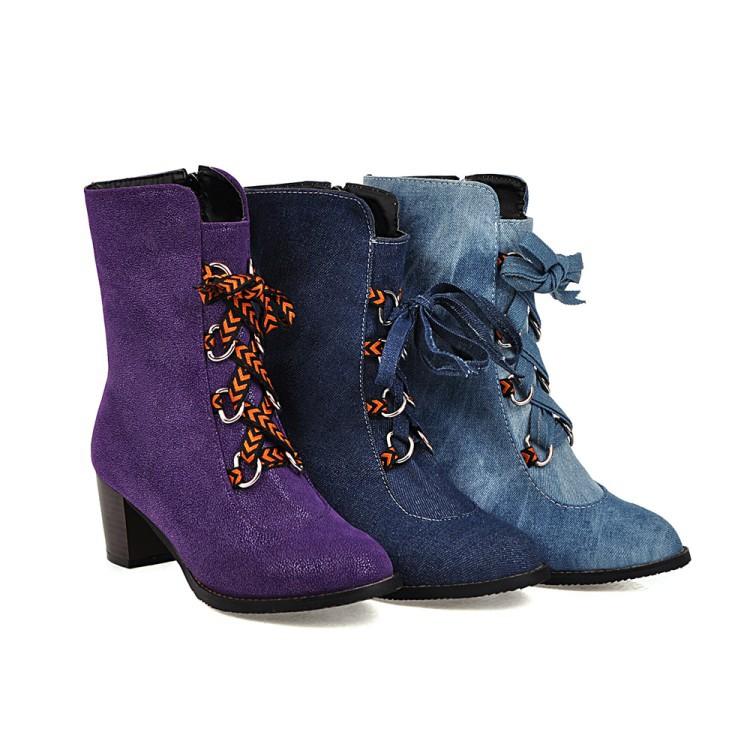 Winter Korean Version of Fashion Round Head Thick Heel Cross Strap Denim Women's Boots 34-48