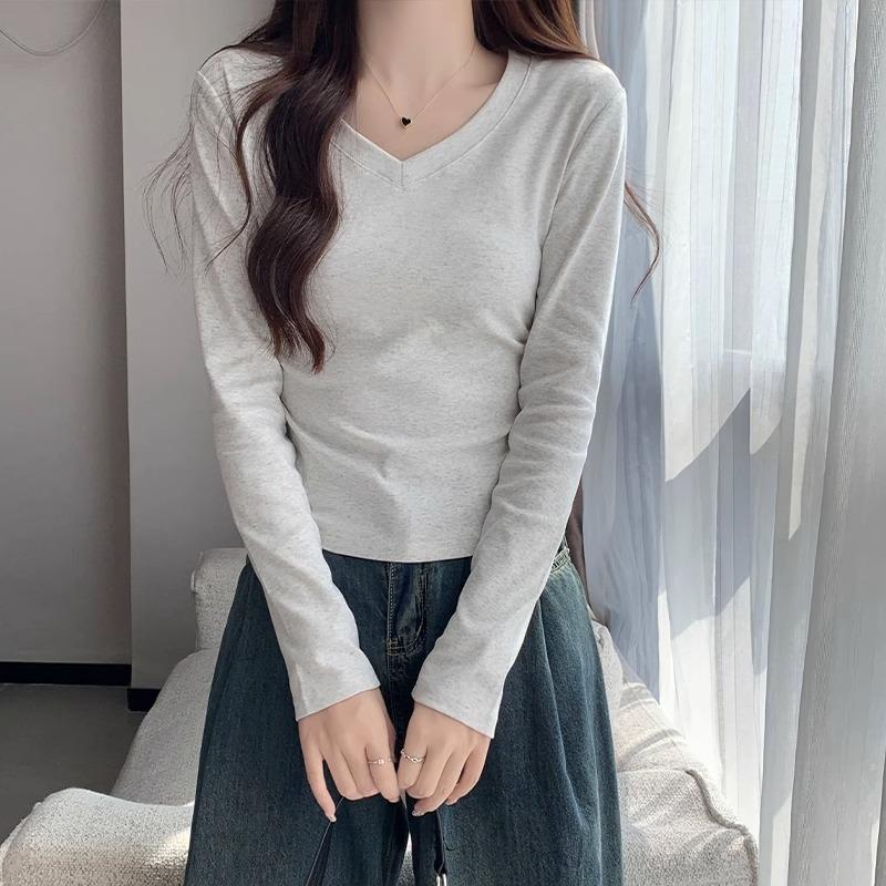 Designový smysl niche tričko s dlouhým rukávem trendy značky v pase s výstřihem do V dámské jarní a podzimní slim nepravidelný lem hot girl krátký top