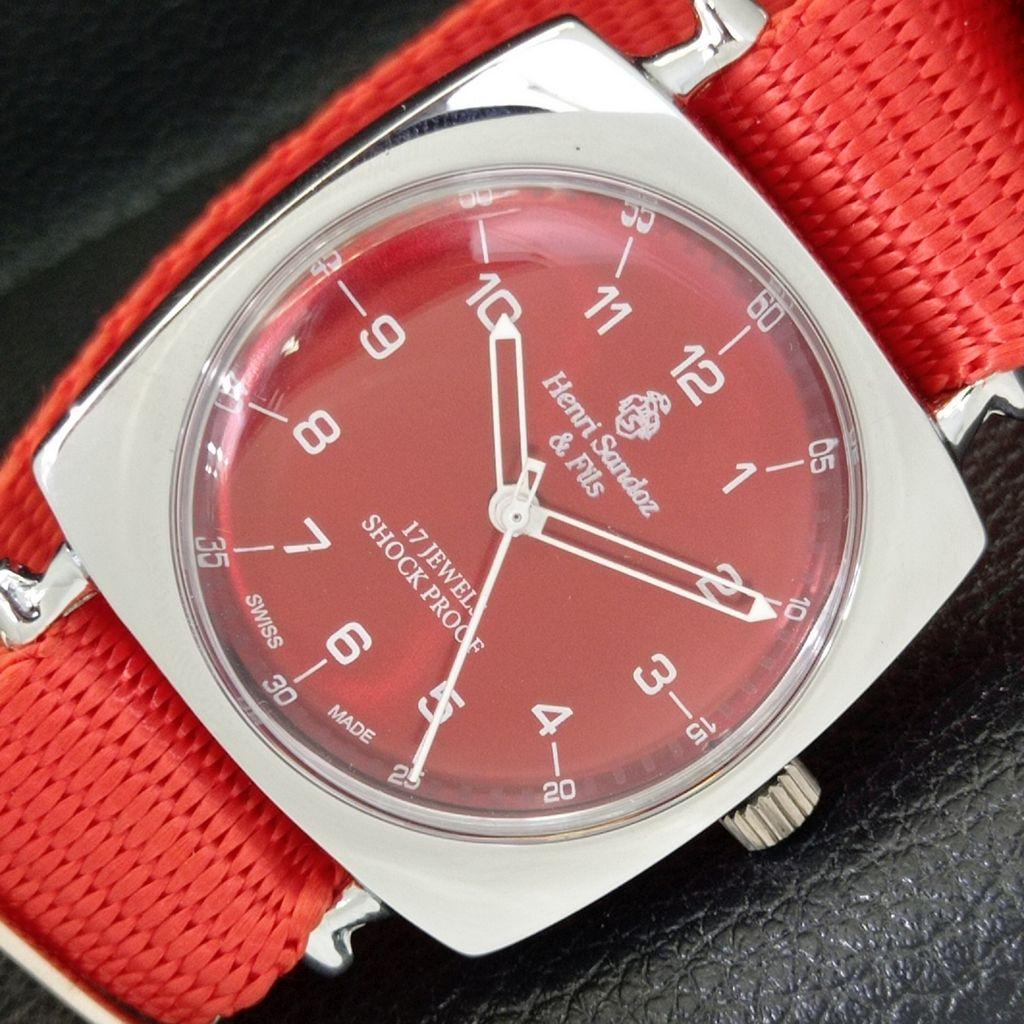 

REFURBISHED HENRI SANDOZ & FILS SWISS MENS RED COLOR DIAL WATCH a431854-2 R108-a431854