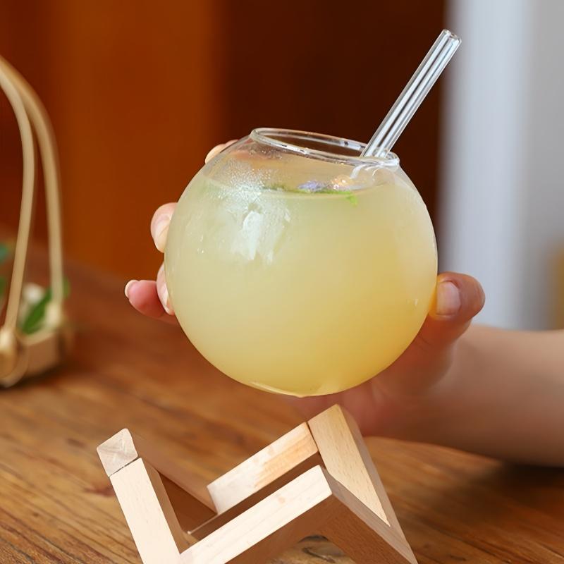 Cocktail Glass Cup with Wood Stand Creative Lunar Round Shape Drink Cup with Straw Christmas Cups Iced Coffee Cups Drinkware