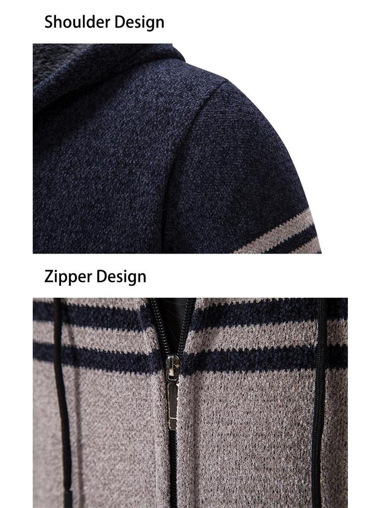 Men's Color Block Striped Hooded Cardigan Sweater - Plus Size Knitwear for Autumn & Winter