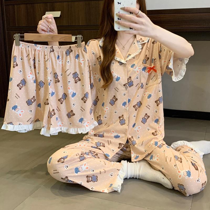 Lotus leaf edge cute cartoon short-sleeved pajamas women's summer new thin comfortable loungewear three-piece set