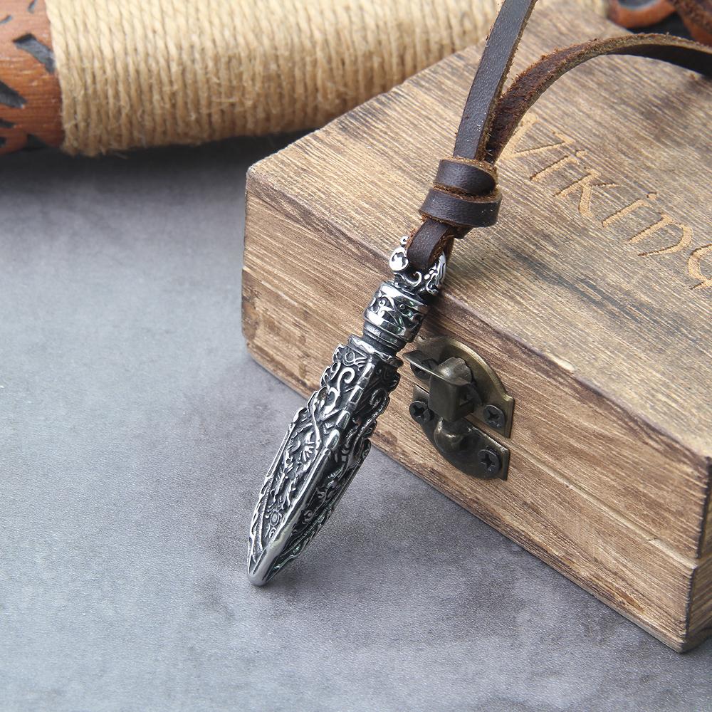 Stainless Steel Viking Dragon Spear Pendant Necklace with Real Cow Leather Chain Mens Gift in Wooden Box