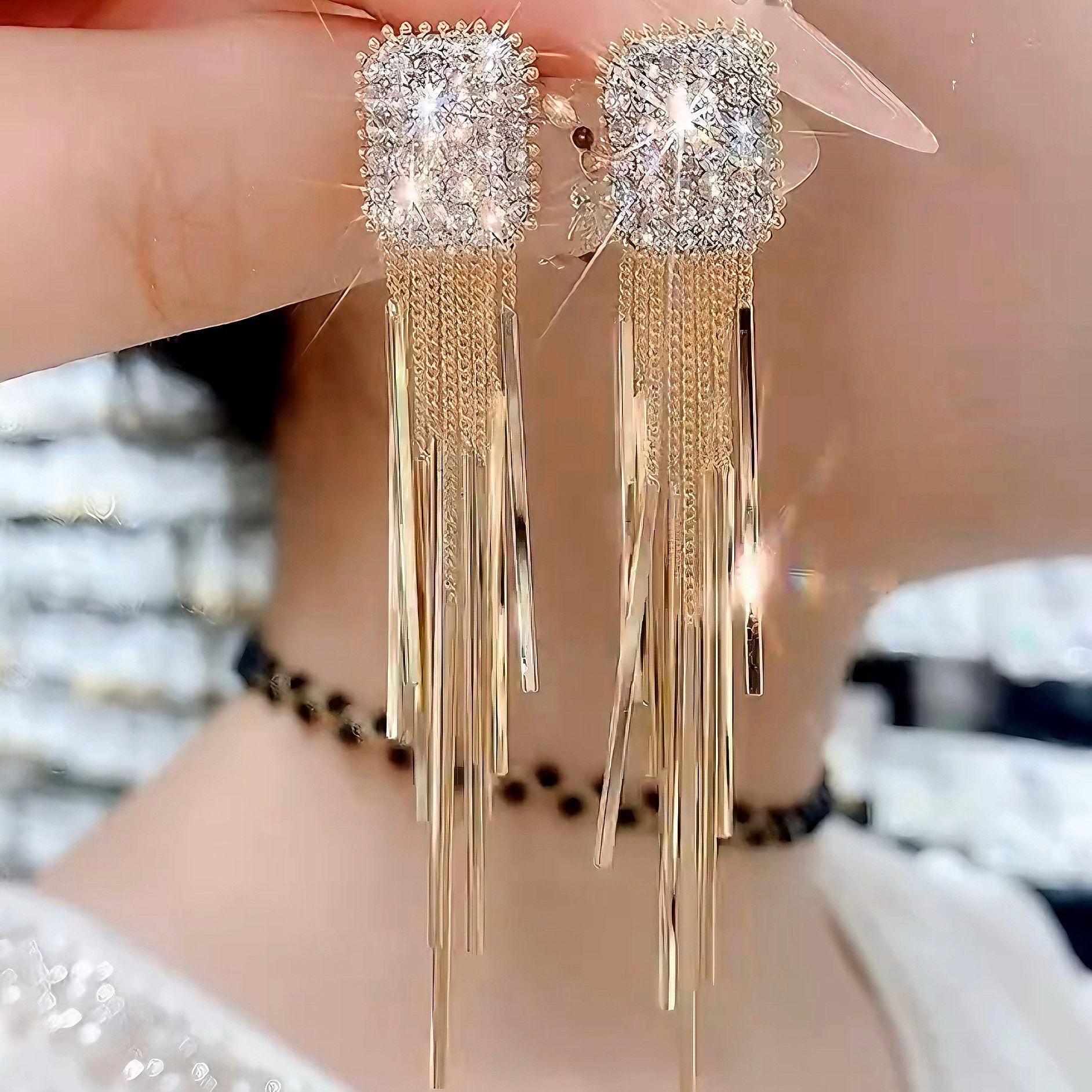 Super Sparkling Temperament Long Tassel Earrings for Women, Light Luxury, Niche Luxury, High-end Feeling, Geometric Earrings Earrings