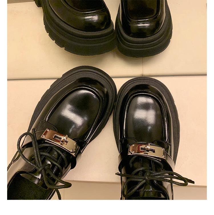 Leather loafers women's spring and autumn lace-up platform muffin heel single shoes British style black small leather shoes 827