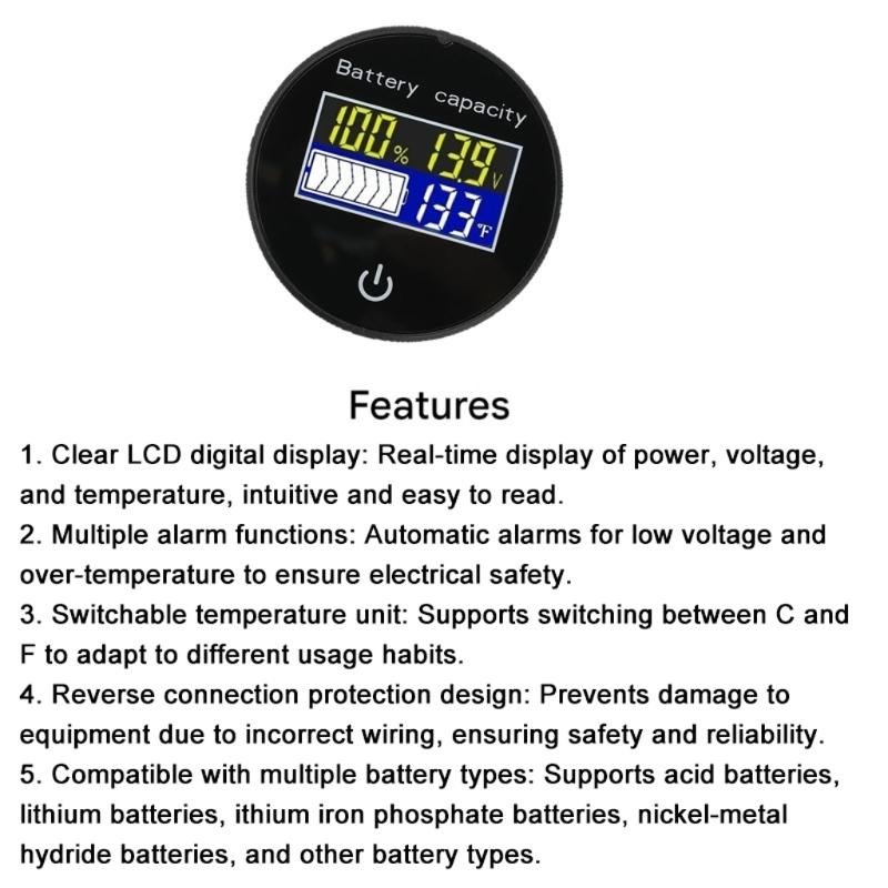 10-100V Circular LCD Digital Multifunction Touch Switcher Battery Voltage Charge Level Display with Temperature Display
