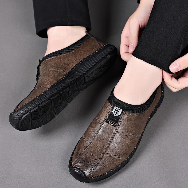 2025 Autumn New Men's One-pedal Cowhide Shoes Versatile Breathable Doudou Shoes Soft-soled Non-slip Driving Shoes