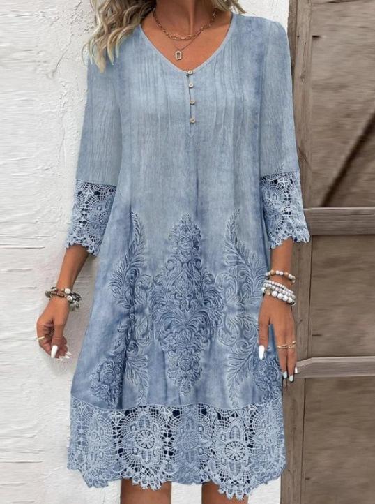 Womens V-Neck 3/4 Sleeve Summer Dress Fashion Flower Print Lace Hollow Out Mini Dress