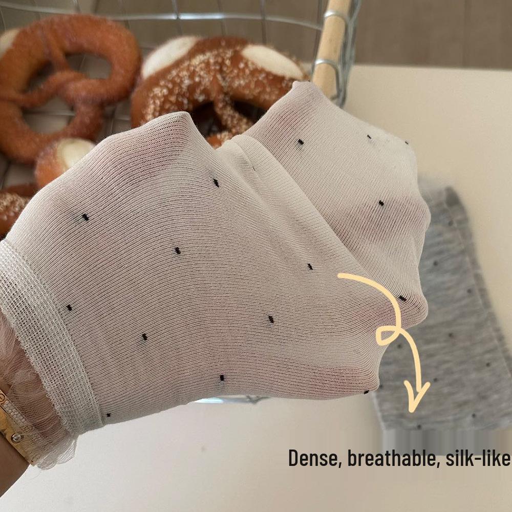 Miu Style Women’s Polka Dot Lace Trim Mid-Calf Slouch Socks - Thin, Breathable, Trendy, Seamless Cotton for Spring/Summer.