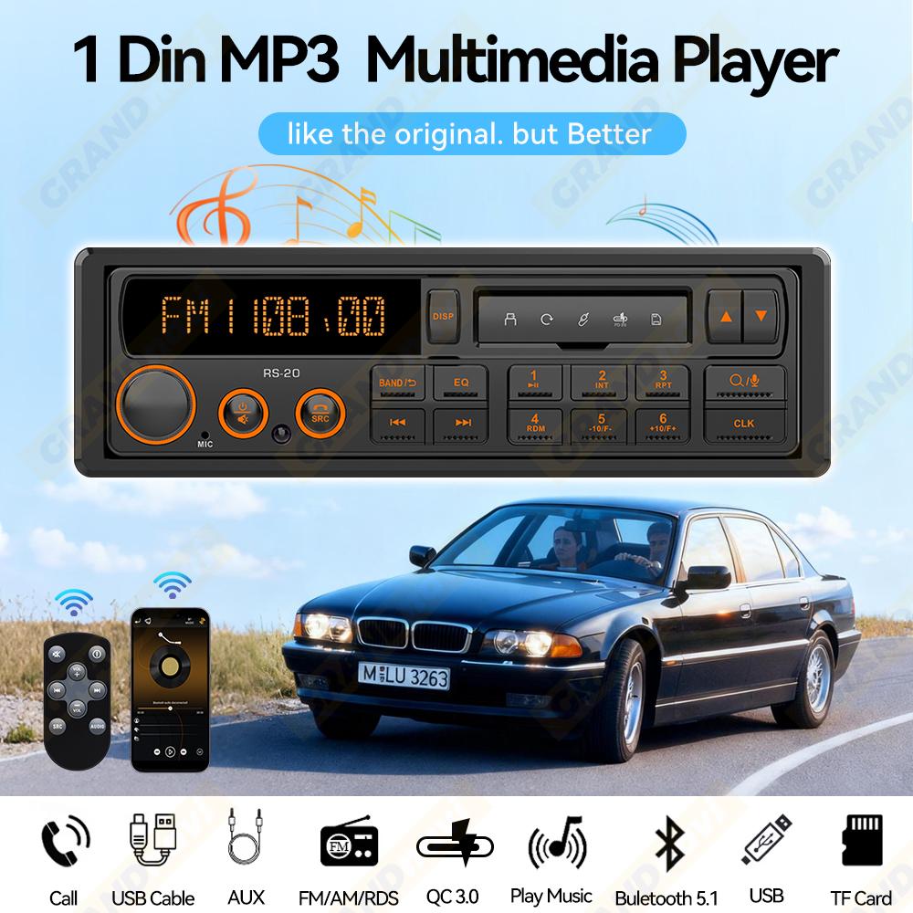 Retro MP3 Car Radio Player 1 DIN Stereo EQ FM AM RDS DAB Receiver QC3.0 Bluetooth USB AUX Input For VW Porsche Mercedes Benz BMW