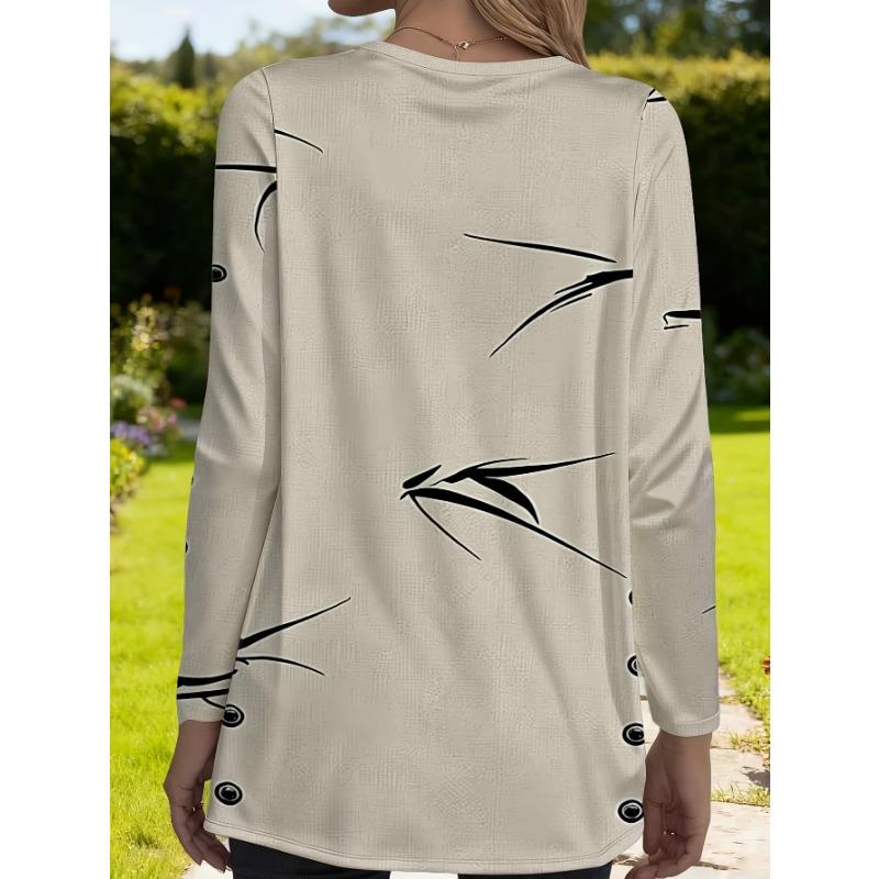 Women's large size with pocket design, simple and fashionable long-sleeved loose T-shirt for women, personalized arrow print design
