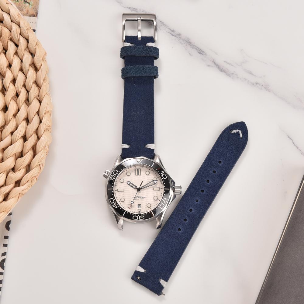 Vintage Suede Leather Watch Strap 20mm 22mm Contrast Stitching Quick Release Soft Snug Fit Replacement Strap
